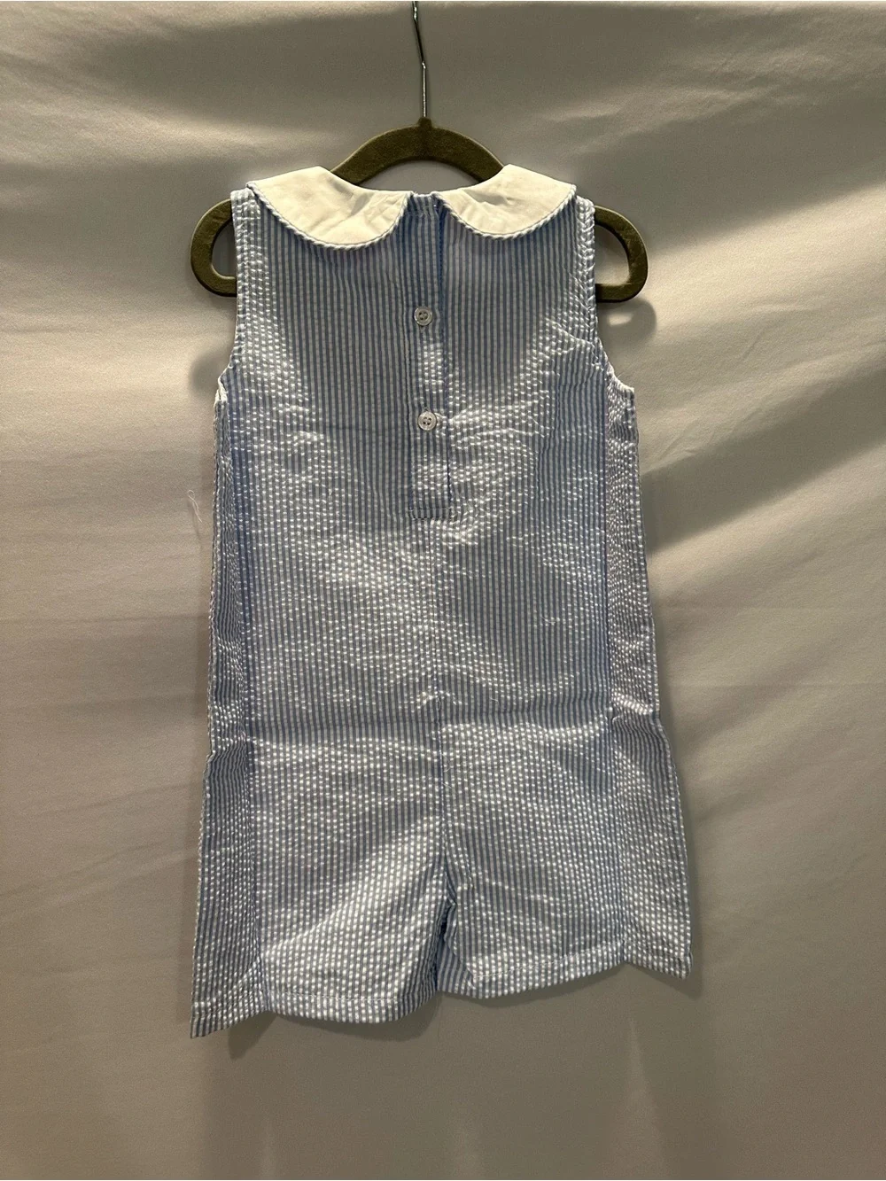 Blue & White Seersucker One-Piece with Red Crab Embroidery
